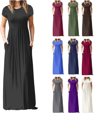 ZWRXW Women's Short Sleeve Dresses Loose Plain Maxi Dresses Summer Long Beach Dress Plus Size Comfy Curvy Dress with Pockets