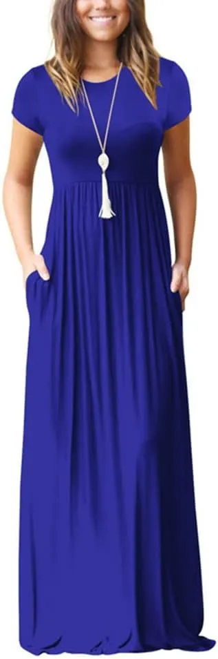 ZWRXW Women's Short Sleeve Dresses Loose Plain Maxi Dresses Summer Long Beach Dress Plus Size Comfy Curvy Dress with Pockets