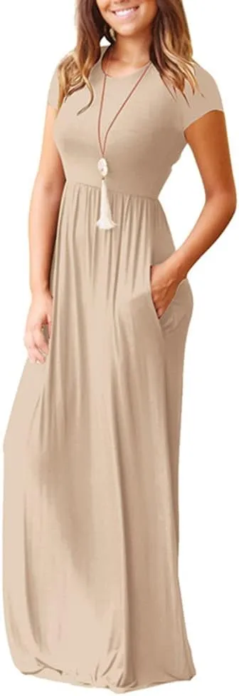 ZWRXW Women's Short Sleeve Dresses Loose Plain Maxi Dresses Summer Long Beach Dress Plus Size Comfy Curvy Dress with Pockets