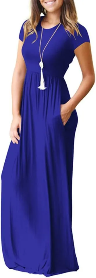 ZWRXW Women's Short Sleeve Dresses Loose Plain Maxi Dresses Summer Long Beach Dress Plus Size Comfy Curvy Dress with Pockets