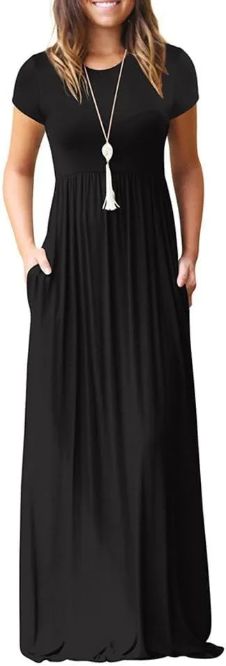 ZWRXW Women's Short Sleeve Dresses Loose Plain Maxi Dresses Summer Long Beach Dress Plus Size Comfy Curvy Dress with Pockets