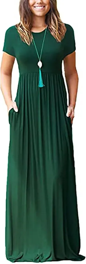 ZWRXW Women's Short Sleeve Dresses Loose Plain Maxi Dresses Summer Long Beach Dress Plus Size Comfy Curvy Dress with Pockets
