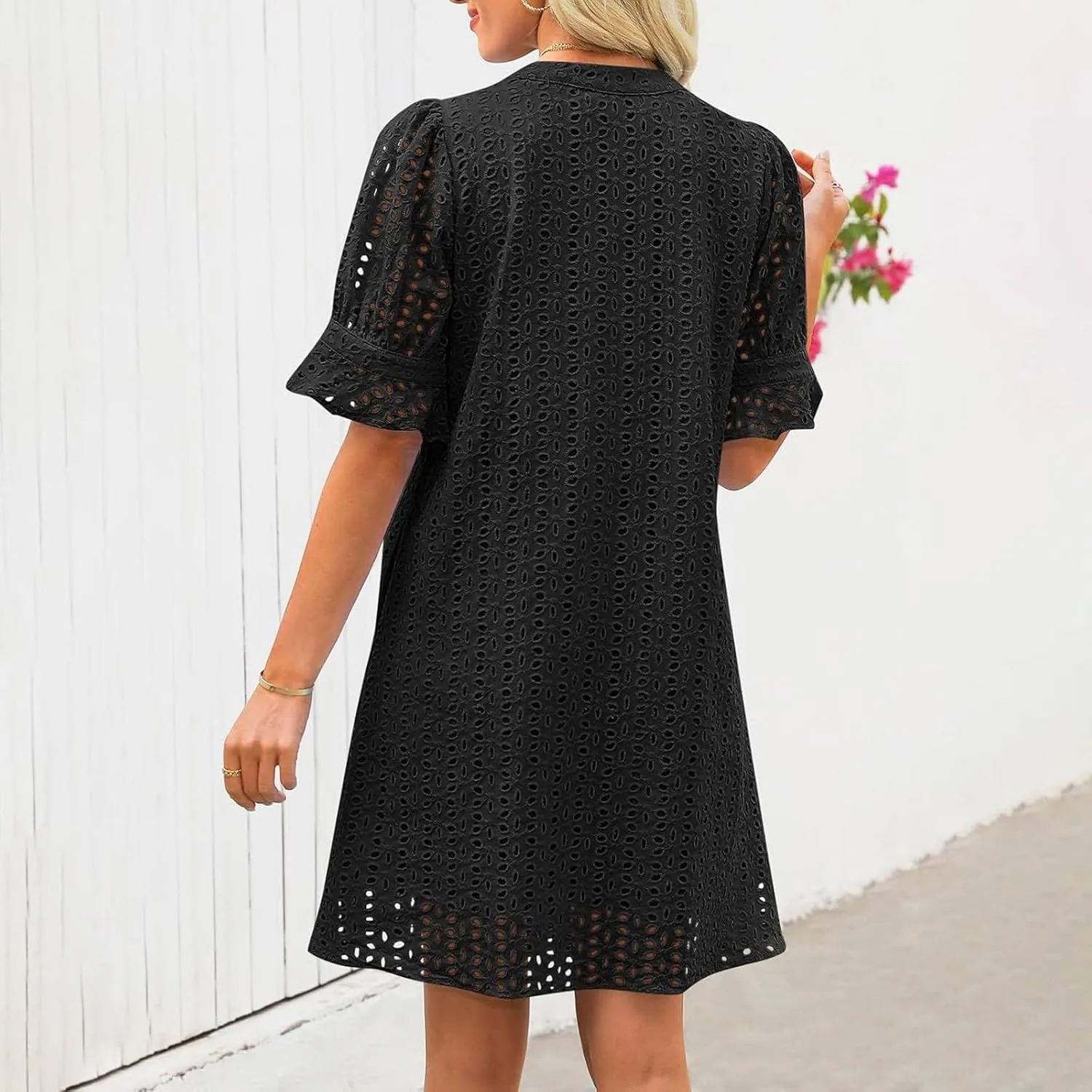 ZYXTIM Summer Eyelet Dresses for Women 2025 Elegant V Neck Short Sleeve Fashion Business Dress Hollow Out Vacation Dresses