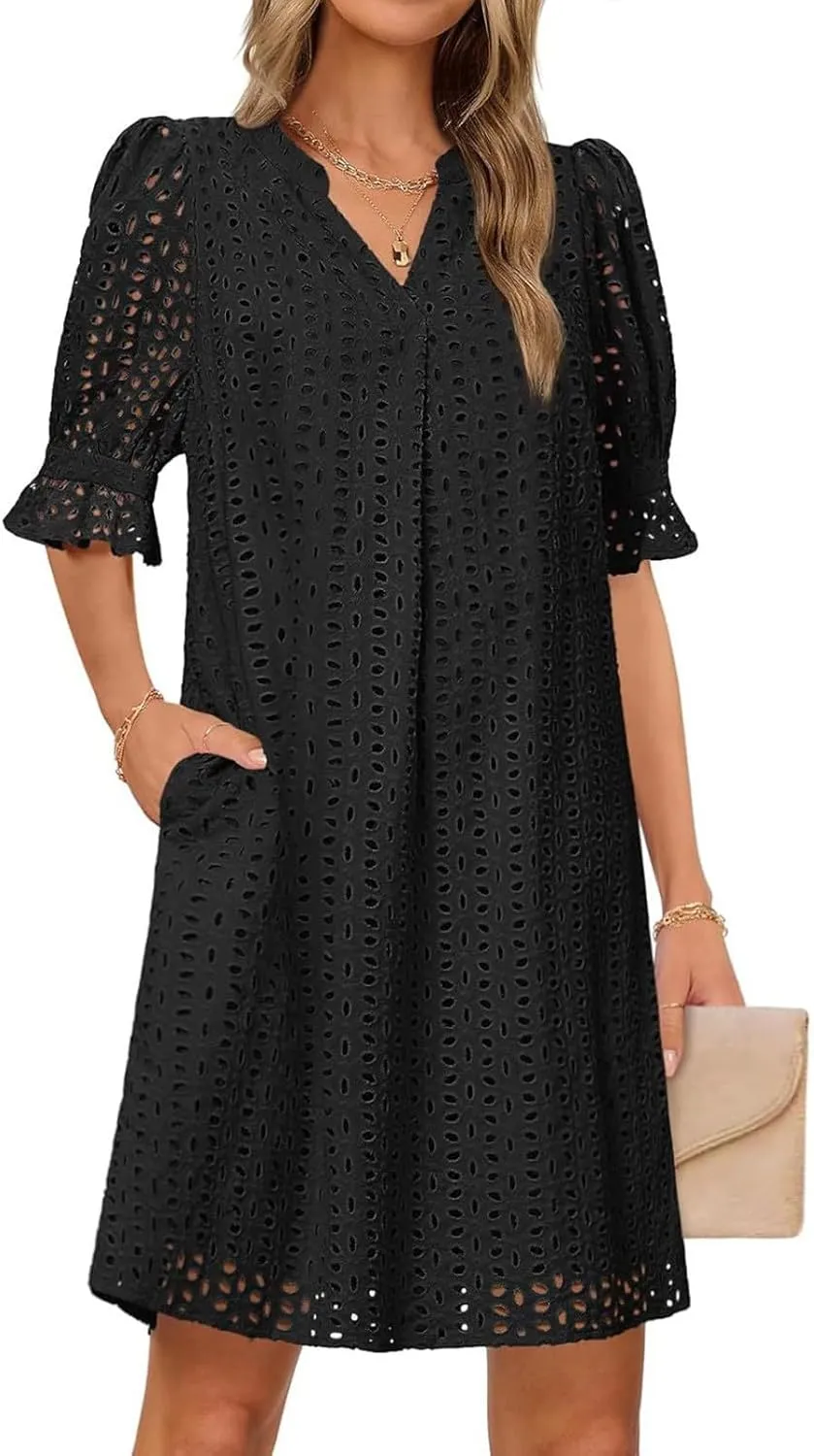 ZYXTIM Summer Eyelet Dresses for Women 2025 Elegant V Neck Short Sleeve Fashion Business Dress Hollow Out Vacation Dresses