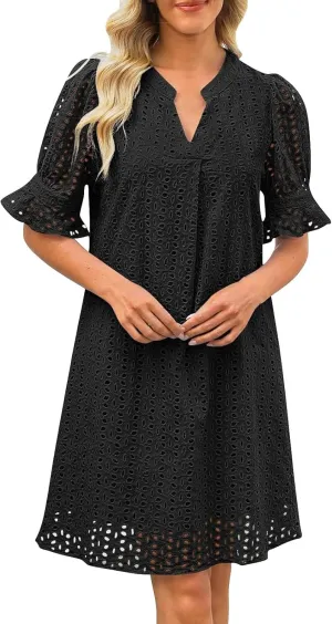 ZYXTIM Summer Eyelet Dresses for Women 2025 Elegant V Neck Short Sleeve Fashion Business Dress Hollow Out Vacation Dresses