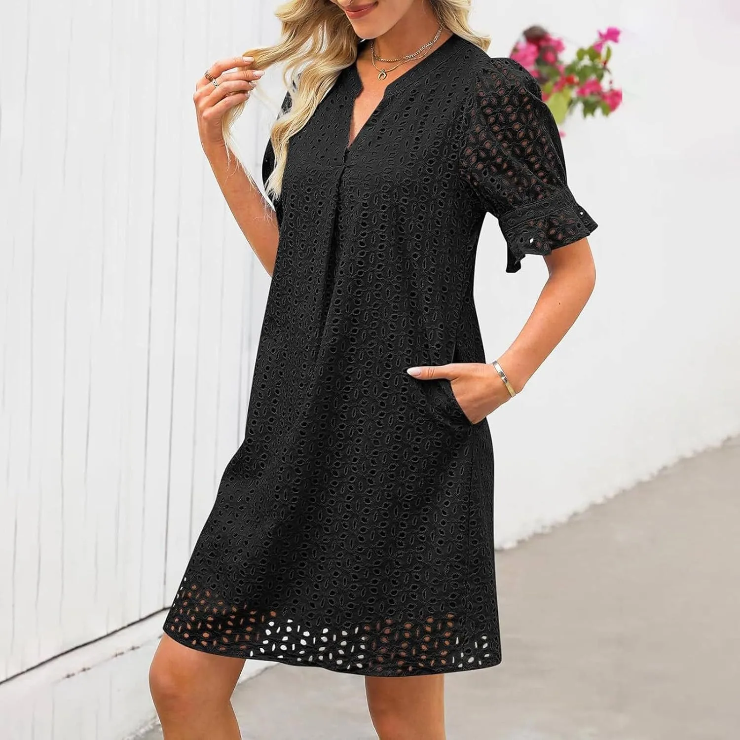 ZYXTIM Summer Eyelet Dresses for Women 2025 Elegant V Neck Short Sleeve Fashion Business Dress Hollow Out Vacation Dresses