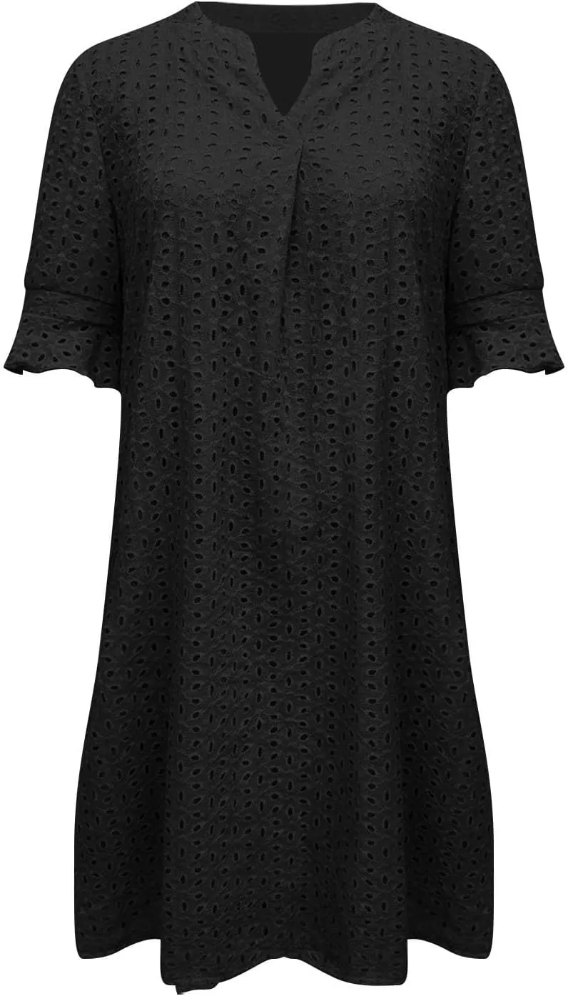 ZYXTIM Summer Eyelet Dresses for Women 2025 Elegant V Neck Short Sleeve Fashion Business Dress Hollow Out Vacation Dresses